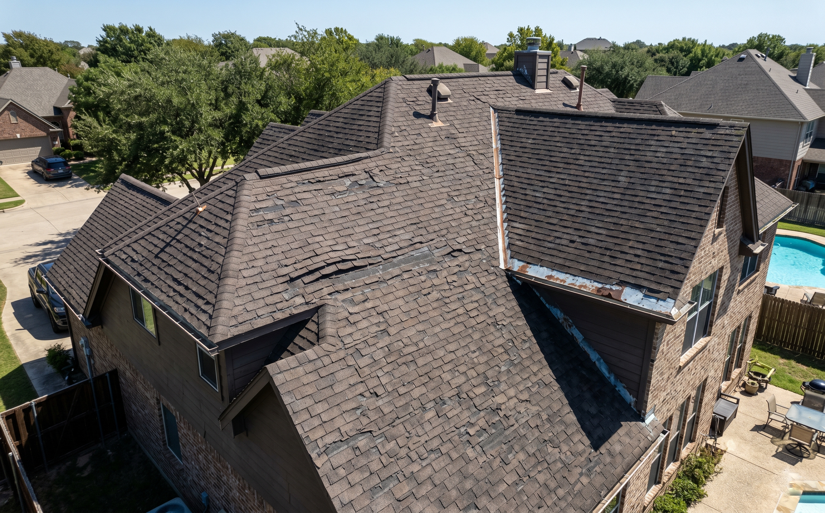 Aged shingle roof with curling