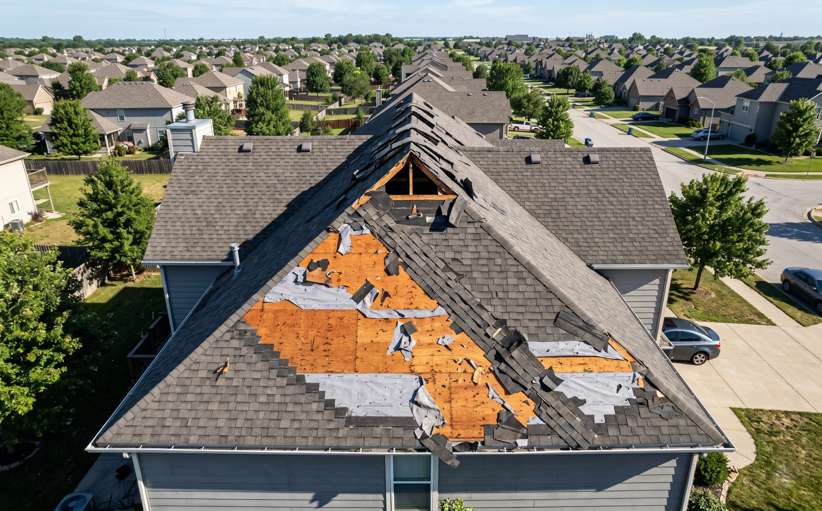 Storm-damaged roof aerial view